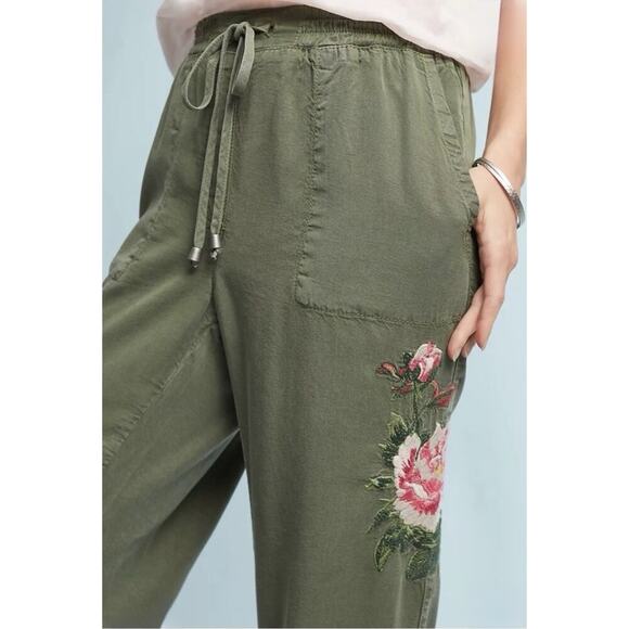 Postmark Anthropologie Jarvis Floral Embroidered Joggers Pants Large Army Green - Picture 2 of 14